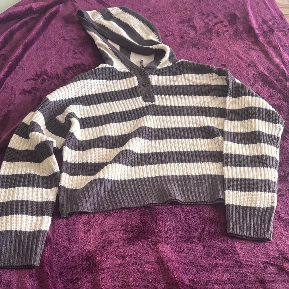 Striped Cropped Hooded Sweater in Cream and Gray